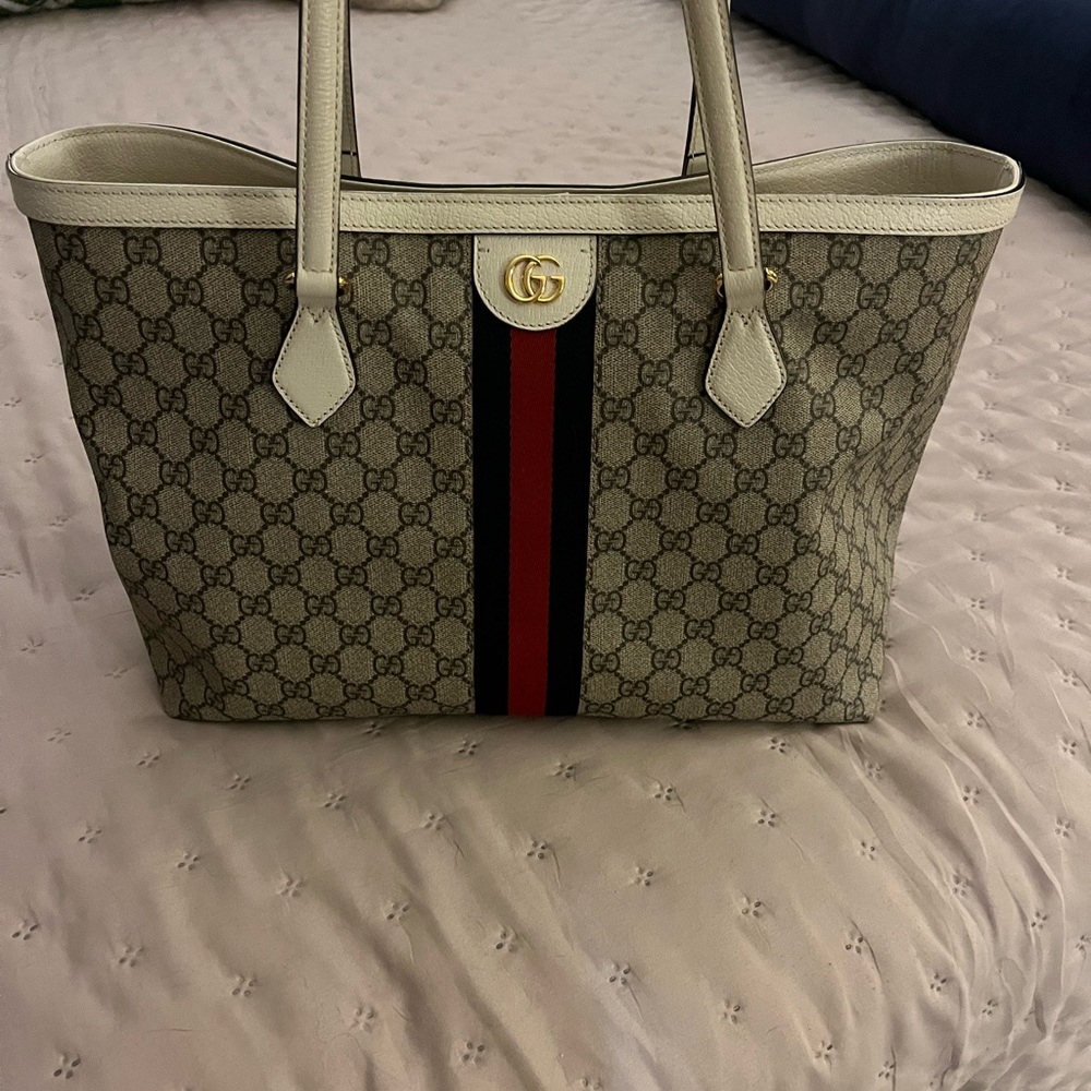 Gucci Cream and Red Tote Bag with Monogram Pattern and Structured Shape